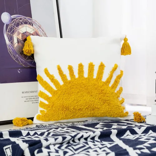 Vista 6 de Funda de almohada tejida con sol amarillo dorado, estilo bohemio étnico, acogedora funda de cojín para dormitorio, sala de estar, sofá, regalo