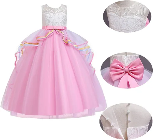 Vista 5 de HOIZOSG - Vestido de fiesta de Navidad con forma de unicornio para niñas con lazo, vestido de fiesta de Halloween, vestido de fiesta de Navidad