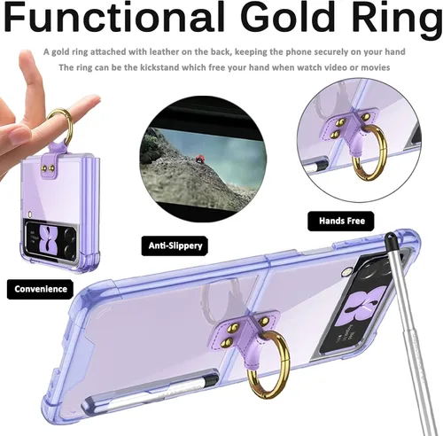 Vista 19 de Miimall Funda compatible con Samsung Galaxy Z Flip 4 2022 con bolígrafo, funda ultradelgada Flip 4 con soporte para anillo, TPU suave + PC, a prueba