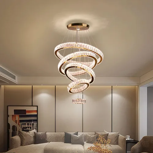 Vista 3 de Lámpara candelabro LED de cristal grande, moderna de 5 anillos, luz colgante ajustable para dormitorio, comedor, cocina (blanco cálido).