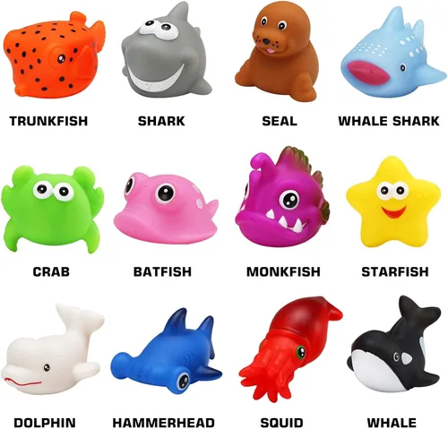 Vista 2 de Juguetes de baño, juego de 12 piezas de animales marinos marinos iluminados, luz LED intermitente, juguetes de bañera flotante para bebés, niños