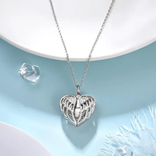 Vista 3 de Collar de plata de ley 925 con alas de ángel conmemorativas para cenizas, joyería de cremación