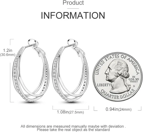 Vista 3 de Parmuz Aretes de plata de ley 925, aros grandes y grandes para mujer, aretes de aro torcidos ligeros con circonita cúbica, joyería hipoalergénica