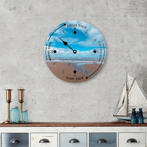 Vista 4 de Reloj de marea de madera, arena y nube, costa este, océano, reloj de marea de madera, marea alta y baja, para colgar en la pared, reloj