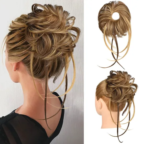 Vista 12 de HOOJIH Pieza de pelo desordenado de moño – Extensiones superlargas despeinadas, cola de caballo ondulada con banda elástica para mujeres y niñas