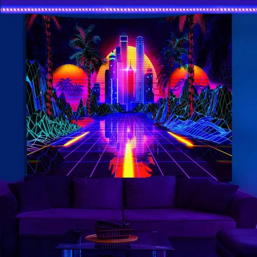 Vista 7 de TPMDFC Tapiz punk urbano con luz negra, reactivo a los rayos UV, decoración futurista japonesa de ciudad futurista, tamaño pequeño, 40 pulgadas, 30