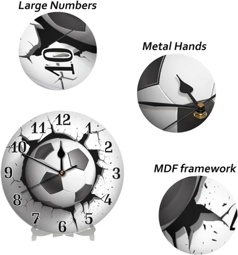 Vista 3 de AUUXVA Reloj de pared acrílico redondo con estampado de balón de fútbol deportivo, pintura artística silenciosa sin tictac para niños, dormitorio