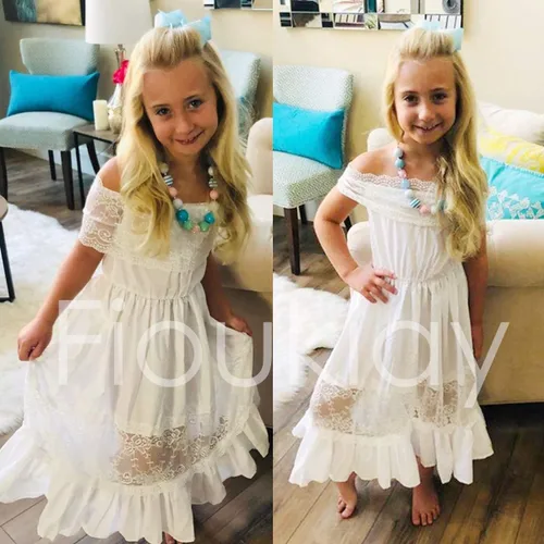 Vista 3 de fioukiay Vestido de princesa para niña pequeña bohemio hombros descubiertos encaje volantes vestidos de vacaciones Marfil blanco vino