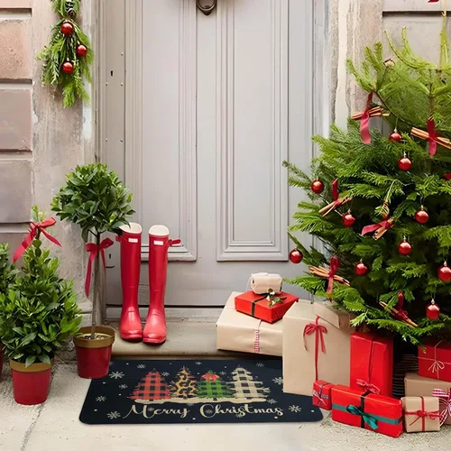 Vista 8 de Felpudo Decorativo de Navidad Feliz Navidad 30"x17" Negro, Alfombra de Puerta Temporada de Búfalo a Cuadros Árbol de Navidad Antideslizante Lavable