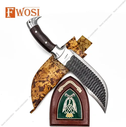 Vista 2 de Kukri Blade - Cuchillo de hoja fija, cuchillo machete Kukri - acero de alto carbono de Leafspring - Mango de palisandro - Funda de cuero marrón