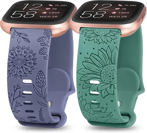 Vista 7 de Paquete de 2 correas con grabado floral compatibles con Fitbit Versa 2/Fitbit Versa/Versa Lite para mujeres, linda correa deportiva de silicona