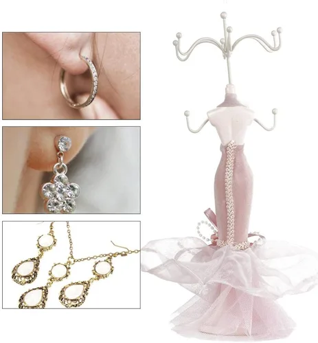 Vista 6 de ZJchao Soporte de exhibición de joyas, modelo de vestido de tacón alto, aretes, collar, anillo, soporte de joyería, estante organizador de pulsera