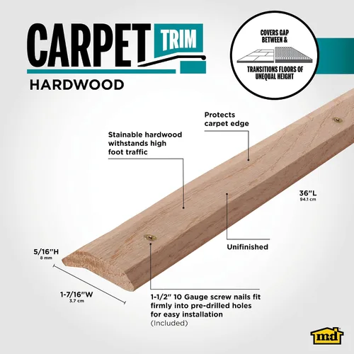 Vista 2 de M-D Building Products 85357 1-7/16 pulg. x 36 pulg. Borde de alfombra de madera dura sin acabado con tornillos Covers Uneven Floor Seams, Prevents