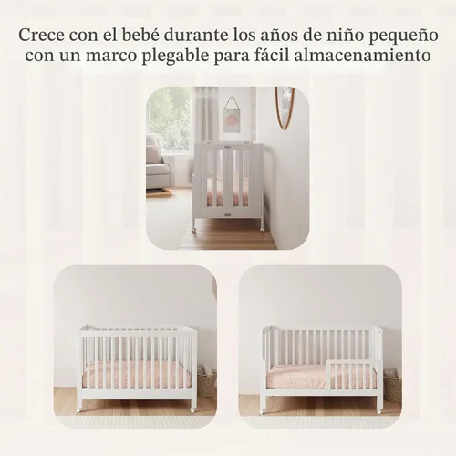 Vista 6 de Babyletto Maki Cuna plegable portátil 2 en 1 de tamaño completo con kit de conversión de cama para niños pequeños en blanco, certificado Greenguard