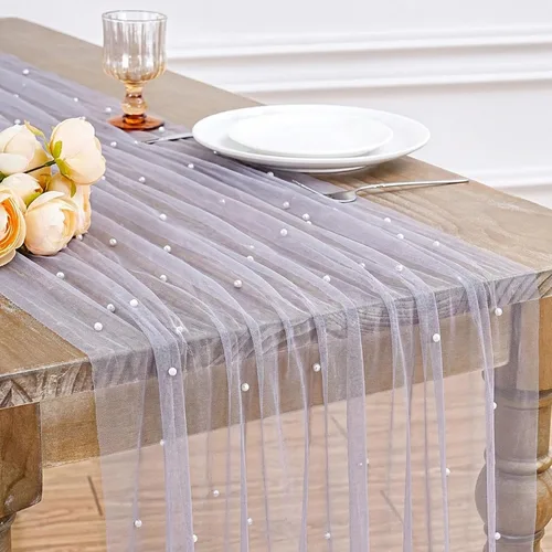 Vista 38 de LuoluoHouse Camino de Mesa de Perla para Centros de Mesa de Boda: Camino de Mesa de Perla de 10 pies, Decoración de Mesa de 29x120 Pulgadas de Tul
