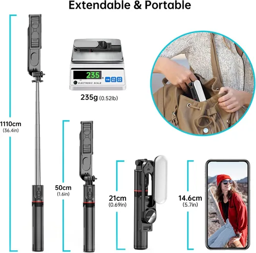Vista 7 de Trípode estable para selfie stick con luz de relleno, palo selfie extensible de 44 pulgadas con control remoto inalámbrico y soporte de trípode
