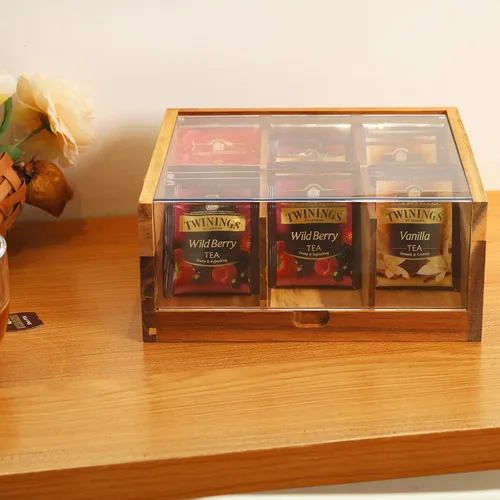 Vista 7 de HTB Organizador pequeño de madera de acacia con 3 compartimentos y 6 compartimentos para bolsitas de té
