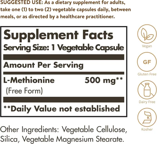 Vista 2 de Solgar L-metionina 500 mg, 90 cápsulas vegetales - Promotor antioxidante