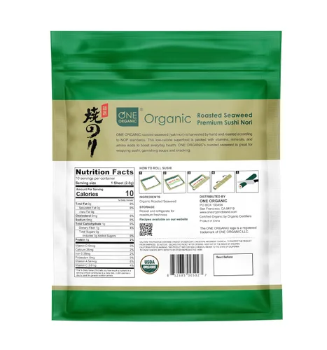 Vista 2 de ONE ORGANIC Sushi Nori Premium - Algas orgánicas tostadas (10 hojas completas)