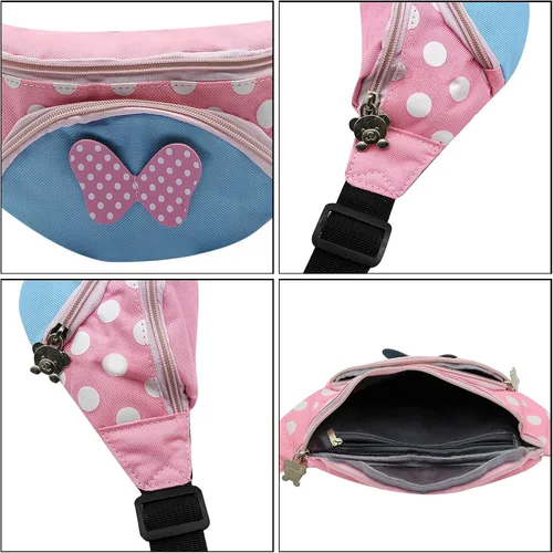 Vista 3 de Riñonera para niños, con lindo diseño de lunares y lazo, mini bolsa cruzada para niñas y niños pequeños para viajes deportivos, Rosado, Casual