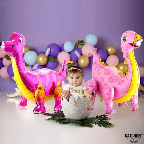 Vista 8 de KatchOn, Combo de globos grandes de dinosaurio rosa, 35 pulgadas, paquete de 3, globos de dinosaurio rosa 3D para fiesta de cumpleaños, globos