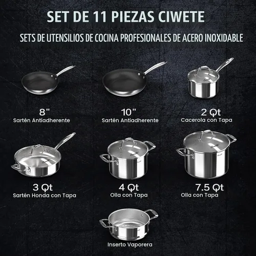 Vista 4 de Ciwete Juego de ollas y sartenes de acero inoxidable de tres capas, 11 piezas y 2 cuartos de galón con tapa
