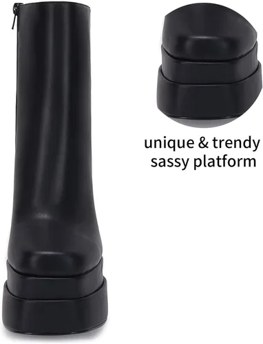 Vista 6 de VETASTE Botas de plataforma para mujer, puntera cuadrada, tacón grueso, cremallera lateral, botas de tobillo cómodas de combate góticas