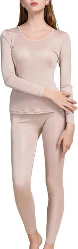 Vista 2 de Grenasasilk Ropa interior larga de seda para mujer, ropa interior térmica de seda de morera, ropa interior térmica para clima frío Beige