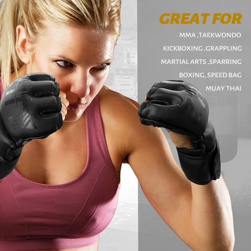 Vista 5 de Guantes MMA para hombres y mujeres, guantes de boxeo para saco de boxeo, sparring, entrenamiento, muay thai, artes marciales, guantes de medio