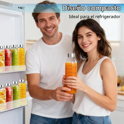 Vista 4 de Botellas de agua de vidrio Olivego con tapas 17 oz, botellas de jugo transparentes con tapa de acero inoxidable, botella de vidrio reutilizable