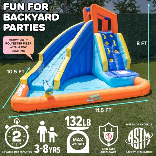 Vista 5 de Sportspower Big Wave II - Tobogán acuático inflable grande para exteriores con pared de escalada y piscina de chapoteo, resistente, certificado