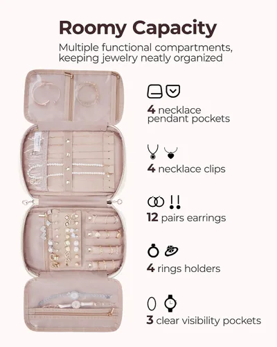 Vista 3 de BAGSMART Estuche de joyería de viaje, organizador de joyas para mujeres y niñas, con cremallera, bolsa de almacenamiento para rollos, collares