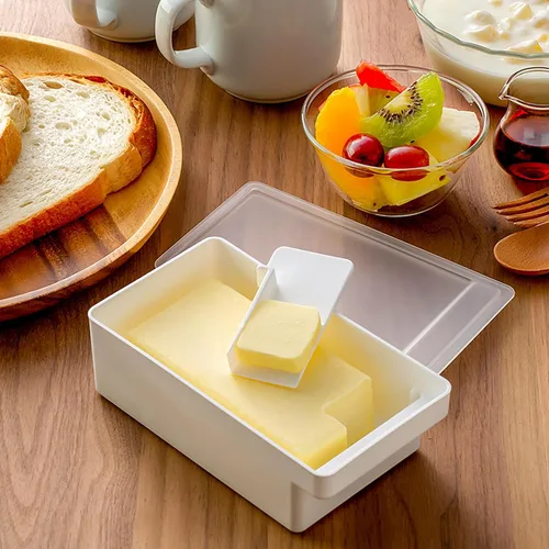 Vista 2 de Mantequillera con tapa, recipiente para mantequilla con cuchillo, platos de mantequilla de sellado de plástico para refrigerador