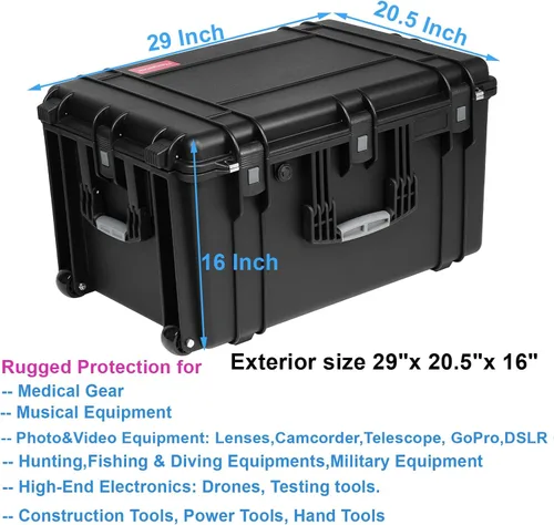 Vista 2 de Regetek Funda rígida impermeable con ruedas, espuma personalizable de 29 x 20.5 x 16 pulgadas, funda de transporte de equipo para cámara, dron