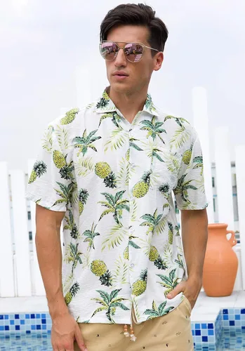 Vista 2 de Janmid Camisas hawaianas florales de manga corta con botones para hombre