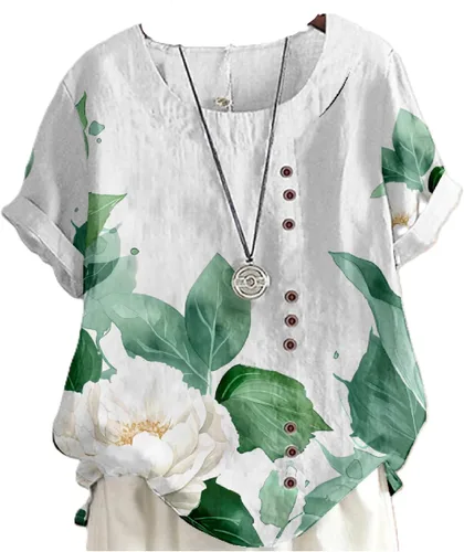 Vista 23 de domirica Camisetas de verano para mujer 2024 con estampado de flores, algodón, lino, manga corta, cuello redondo, camisas casuales de moda