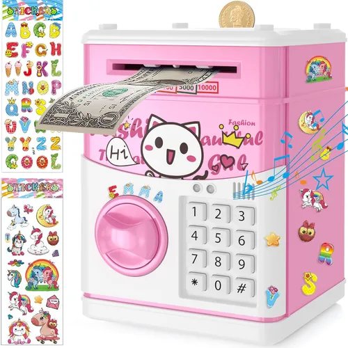 Vista 10 de JUNEU Hucha para niños, juguetes para niños de 3, 4, 5, 6, 7, 8 años, alcancía electrónica para ahorrar dinero para niños, mini alcancía