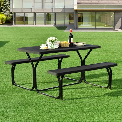 Vista 2 de ORALNER Mesa de picnic, mesa de comedor de resina y 2 bancos, mesa de grano de madera resistente a la intemperie y marco de acero, mesas de picnic