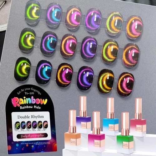 Vista 17 de Double Rhythm - Juego de esmalte de uñas de gel ojo de gato de 6 unidades, mismo color, misma botella, 14.8 ml, brillo con glitter, con imán Aurora