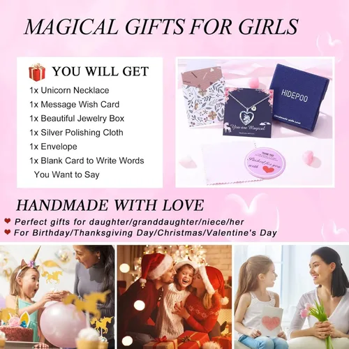 Vista 7 de Regalos de unicornios para niñas, dije de corazón chapado en oro blanco de 14 quilates con circonita cúbica You Are Magical Unicorn Necklace Girls