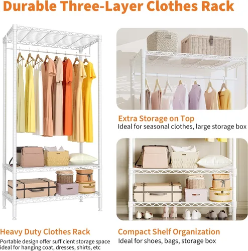 Vista 4 de Perchero de ropa resistente, perchero portátil de metal con estantes ajustables de 3 niveles, estantes de ropa independientes para colgar ropa