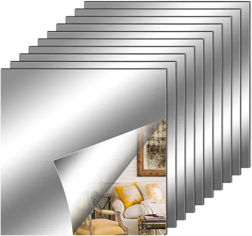 Vista 10 de Fantasyon 10 hojas de espejo flexibles, autoadhesivas, azulejos decorativos de plástico sin vidrio, calcomanías de espejo para escuela, educación