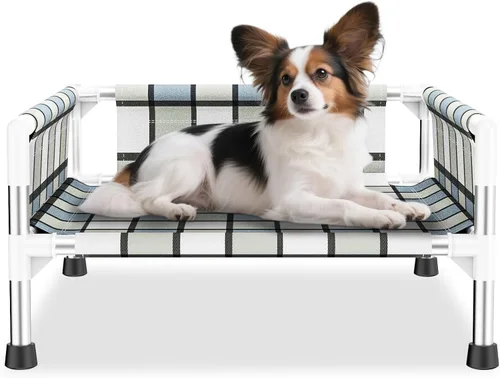Vista 10 de Cama elevada elevada para perros al aire libre – Cuna fresca y lavable para perros con barandilla, cama de malla de algodón duradera y transpirable