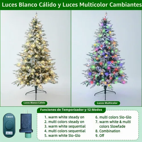 Vista 2 de HipTree Árbol de Navidad artificial de 1.8 m con nieve flocada y 200 luces LED de doble color, árbol de Navidad blanco iluminado para decoración