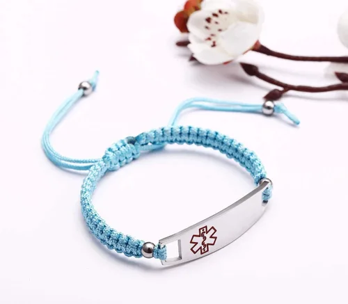 Vista 2 de JF.JEWELRY Pulseras de identificación de alerta médica para diabetes tipo 1 pregrabadas para hombres y mujeres, cuerda de nailon trenzada