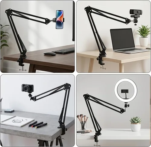 Vista 5 de Montura de trípode sobre la cabeza para cámara, webcam y anillo de luz, brazo flexible sobre la cabeza para iPhone con soporte para teléfono