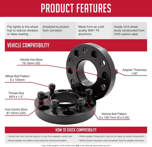 Vista 3 de Wheel Accessories Parts 2 Piezas Espaciadores de Rueda Centrados en el Buje 6x5.5 6x139.7mm 1.00 Pulgada de Grosor 78.1mm Buje M14x1.5 14x1.5 Rosca