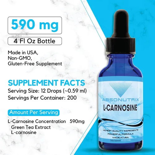 Vista 3 de L-Carnosina - Botella de 583 mg de 4 onzas, 200 porciones altamente potentes, gotas fáciles de consumir, alta biodisponibilidad, probada por
