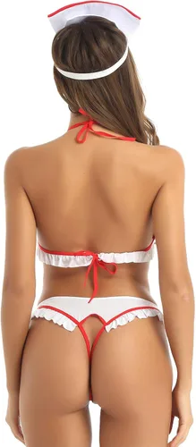 Vista 5 de Sxiwei Conjunto de lencería de cosplay para mujer, ropa de dormir para enfermera, juego de rol, body de peluche
