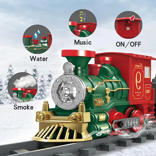 Vista 2 de Juego de Tren Eléctrico de Juguete para Niños, Juego de Tren de Navidad con Humo y Sonido para Debajo del Árbol Navideño, Modelos de Trenes